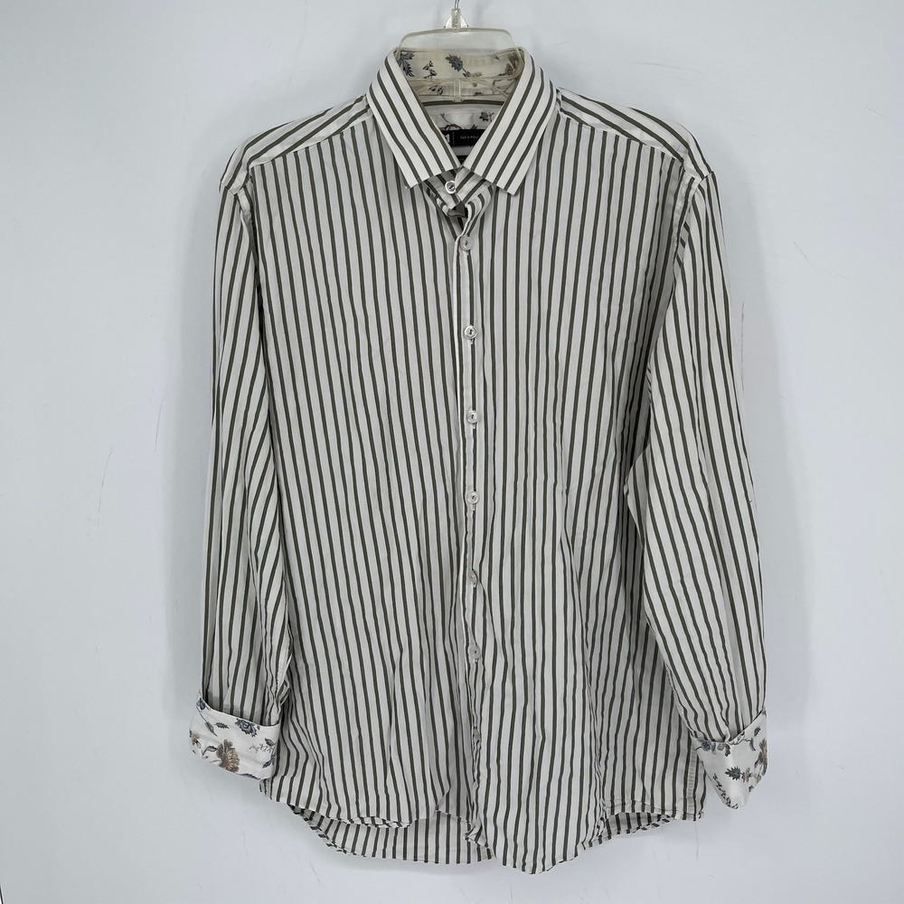 Le 31 Par Simons Men's Green Striped Floral Trim Button Up Shirt Size 16/41